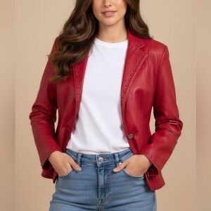 ISABEL Vintage Red Leather Blazer Jacket, Studs, Button, Italian Soft Leather M